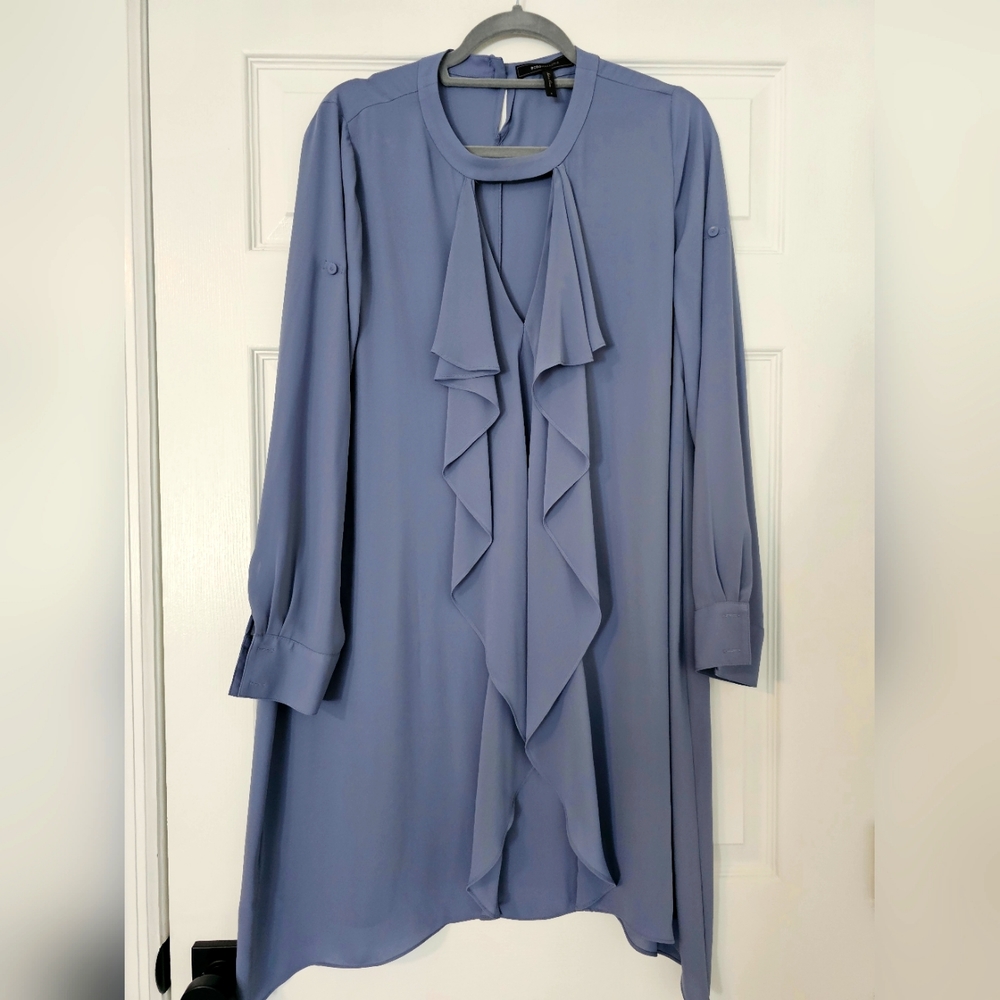 BCBG Maxaria Blouse Women's Gray Tunic Long Sleeve Ruffle